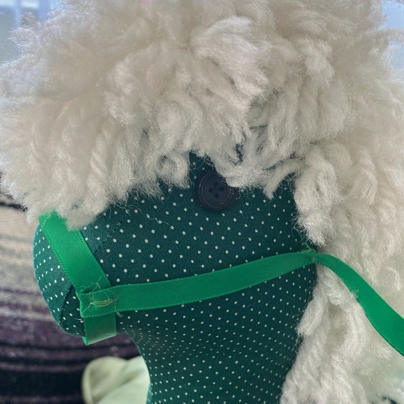 VINTAGE HOBBYHORSE HANDCRAFTED GREEN DOTTED SWISS WHITE MANE RED ROCKERS 12”tall - Picture 5 of 8